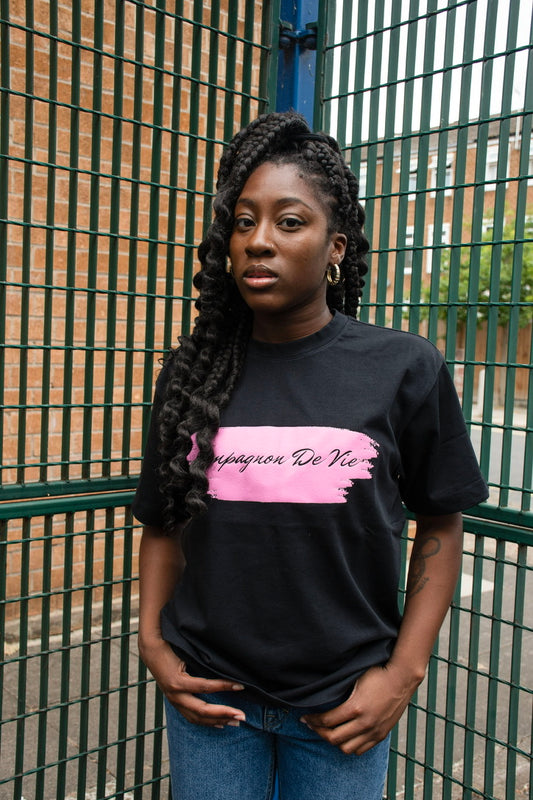 Black t-shirt with pink brushstroke design - COMPAGNON DE VIE contemporary streetwear from London