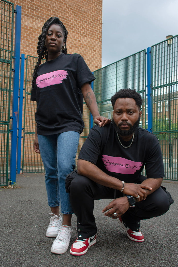 COMPAGNON DE VIE black t-shirts with pink brushstroke - London streetwear couple styling